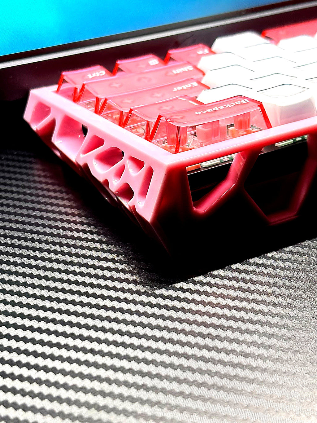 Custom keyboard side view showing pink housing